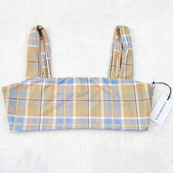 NWT WeWoreWhat Plaid Square Neck Bra Top Tan/Blue - Picture 4 of 7